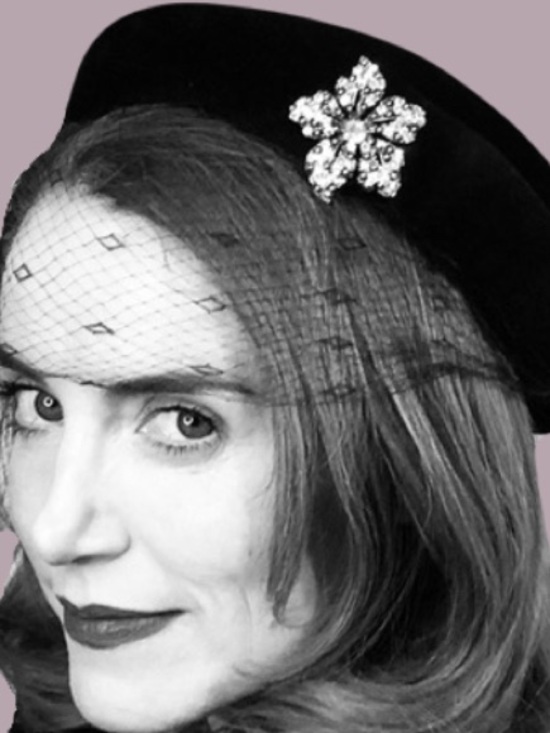 Vintage Accessories - 1950s Black Velvet Beret with Gold Crystal Floral Brooch